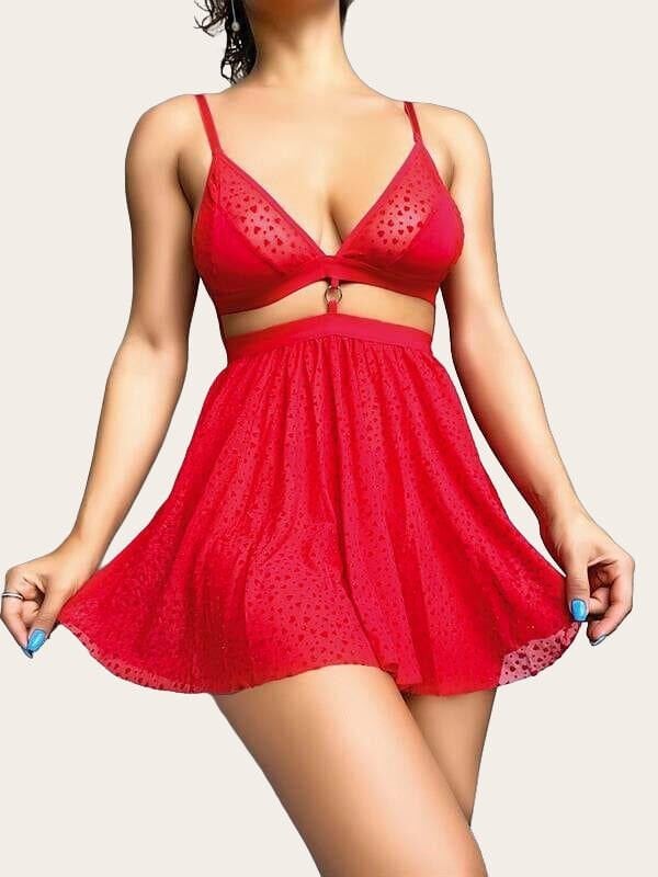 Arias Closet Kırmızı Desenli Mini Etekli Sütyen Takımı