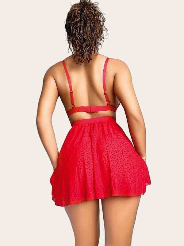 Arias Closet Kırmızı Desenli Mini Etekli Sütyen Takımı