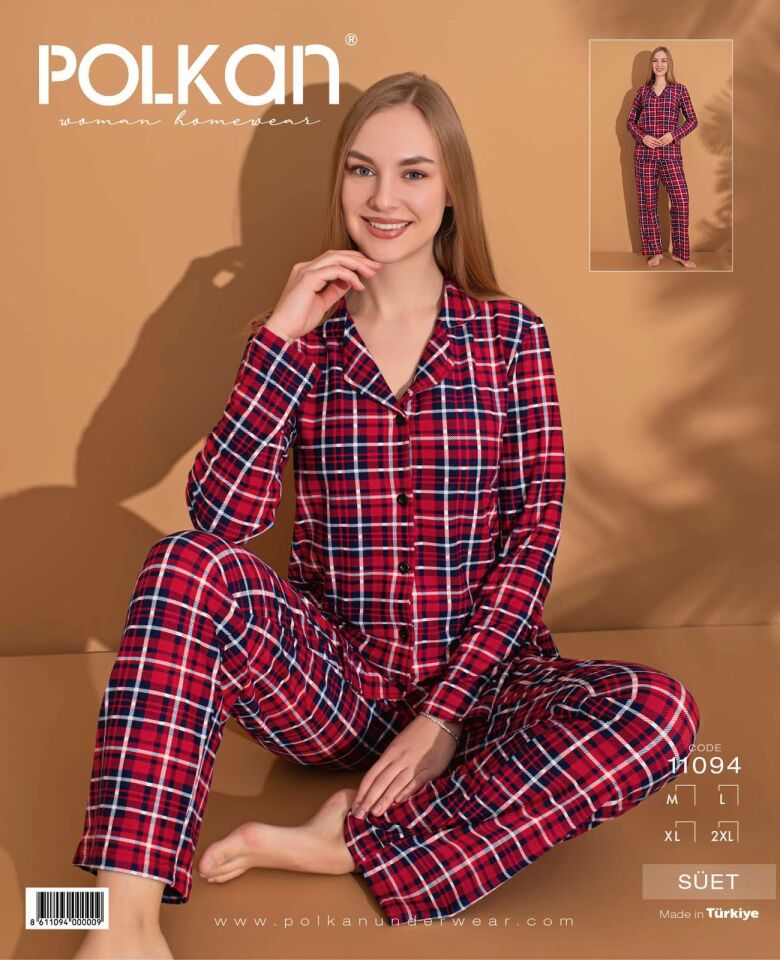 Polkan 11094 Bayan Uzun Kollu Süet Pijama Takım 4'lü