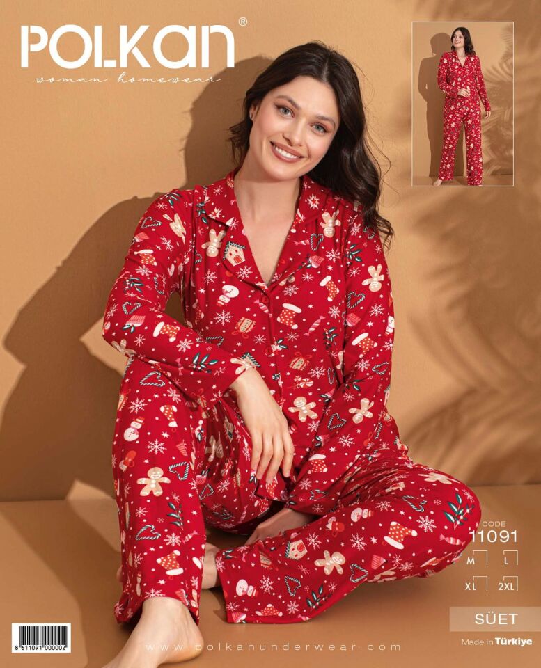 Polkan 11091 Bayan Uzun Kollu Süet Pijama Takım 4'lü