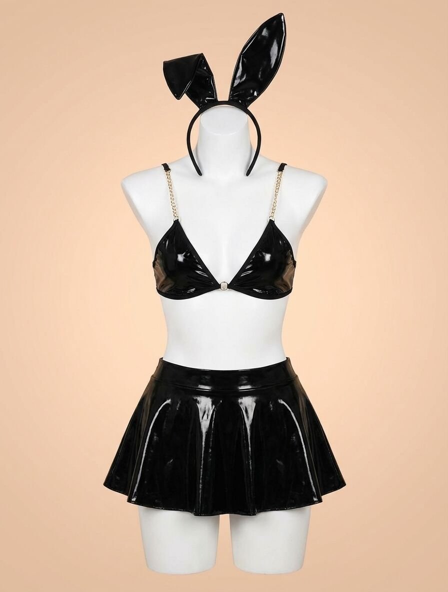 Siyah Zincir Detaylı Fantezi Deri Etekli Tavşan Kostümü