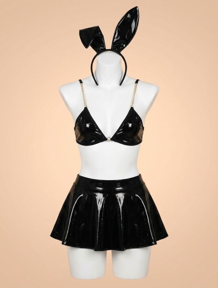Siyah Zincir Detaylı Fantezi Deri Etekli Tavşan Kostümü
