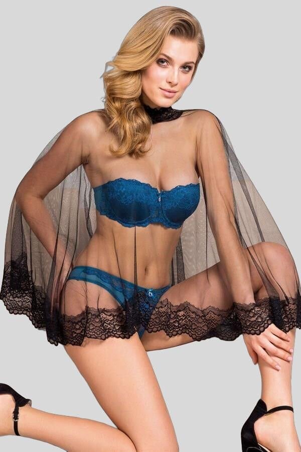 Arias Closet Balenli Destekli Dolgulu Askısız Straplez Çıkabilen Tül Pelerin Taşlı Dantelli Sütyen ve Slip Takım