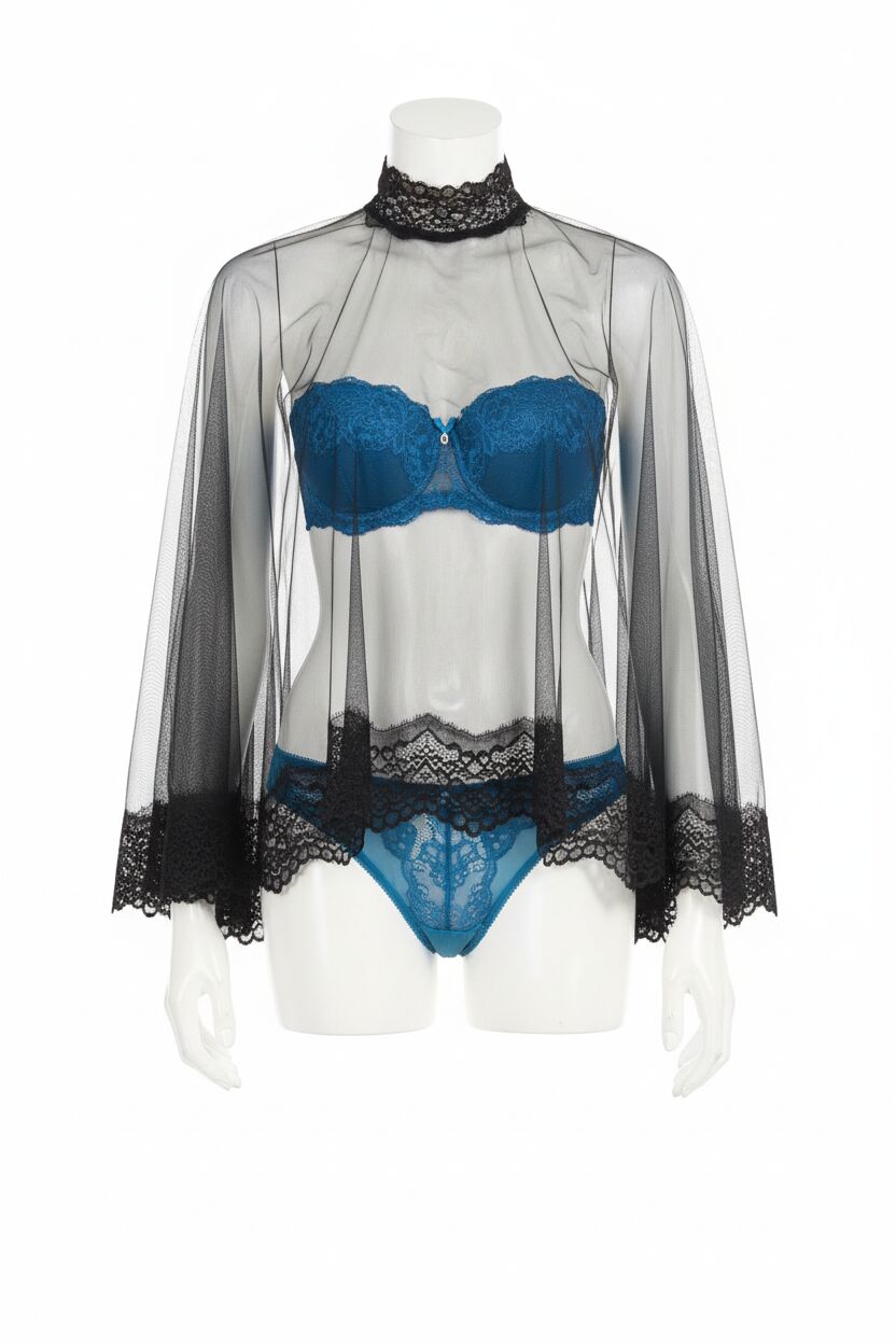 Arias Closet Balenli Destekli Dolgulu Askısız Straplez Çıkabilen Tül Pelerin Taşlı Dantelli Sütyen ve Slip Takım