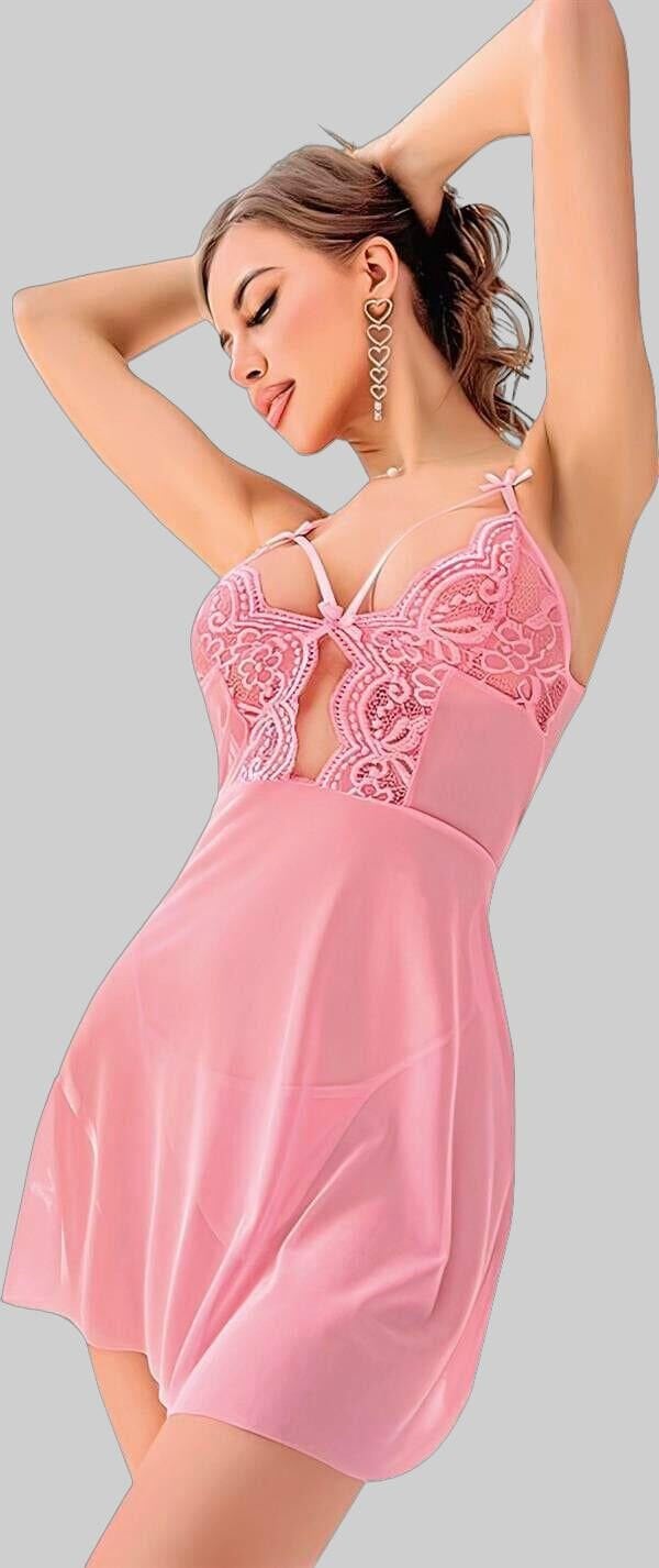 Arias Closet Pembe Dantel İşlemeli Göğüs İp Detaylı Fantezi Tül Gecelik Takımı