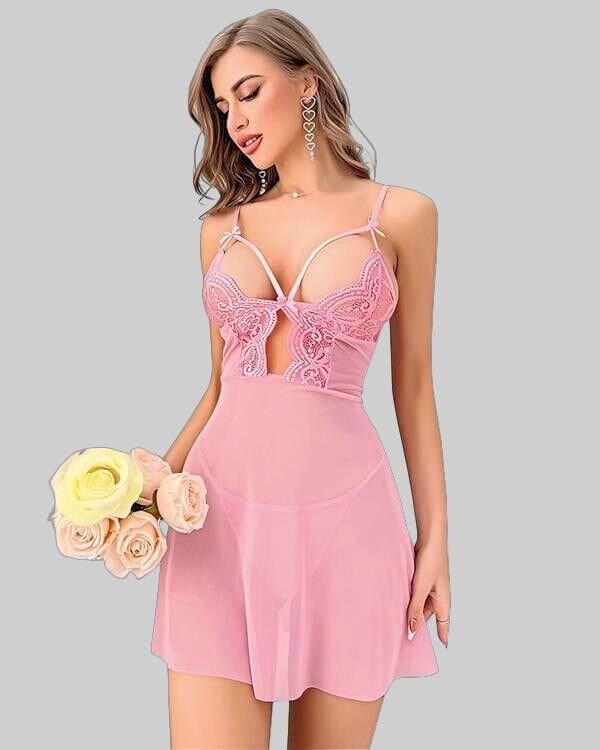 Arias Closet Pembe Dantel İşlemeli Göğüs İp Detaylı Fantezi Tül Gecelik Takımı