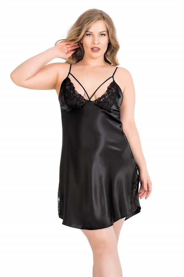 Arias Closet Büyük Beden Siyah Kısa İkili Saten Sabahlık Gecelik Takımı 6151