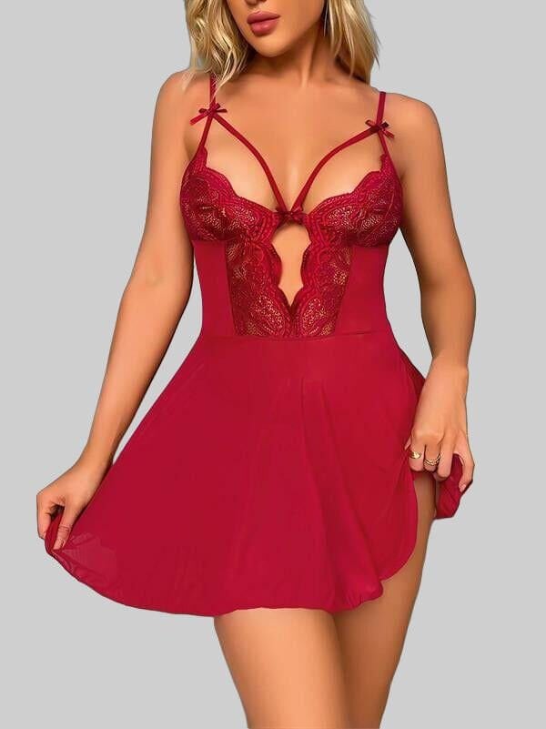 Arias Closet Bordo Dantel İşlemeli Göğüs İp Detaylı Fantezi Tül Gecelik Takımı