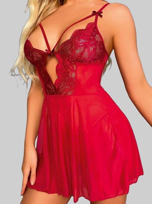 Bordo Dantel İşlemeli Göğüs İp Detaylı Fantezi Tül Gecelik Takımı