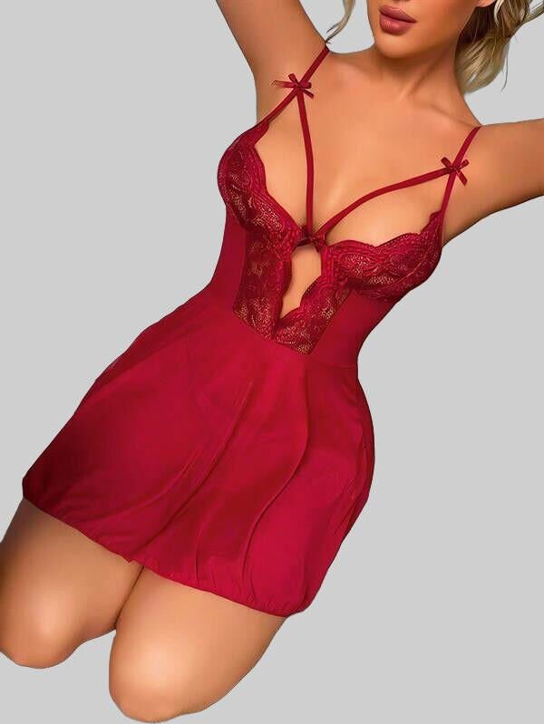 Arias Closet Bordo Dantel İşlemeli Göğüs İp Detaylı Fantezi Tül Gecelik Takımı