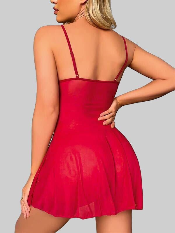 Bordo Dantel İşlemeli Göğüs İp Detaylı Fantezi Tül Gecelik Takımı