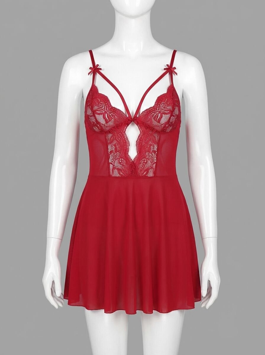 Bordo Dantel İşlemeli Göğüs İp Detaylı Fantezi Tül Gecelik Takımı