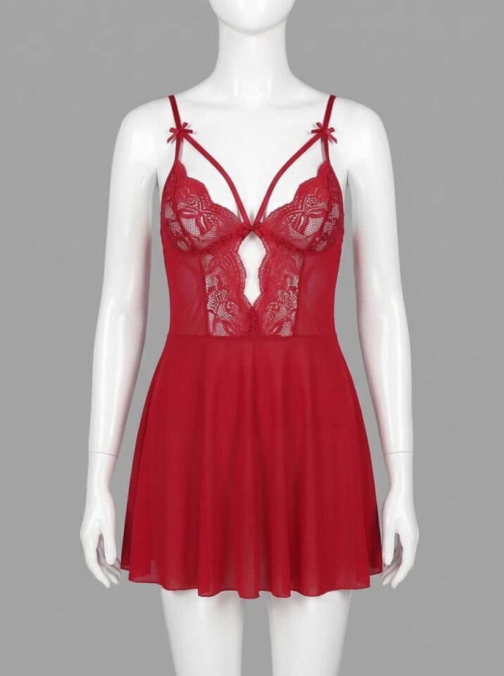 Bordo Dantel İşlemeli Göğüs İp Detaylı Fantezi Tül Gecelik Takımı