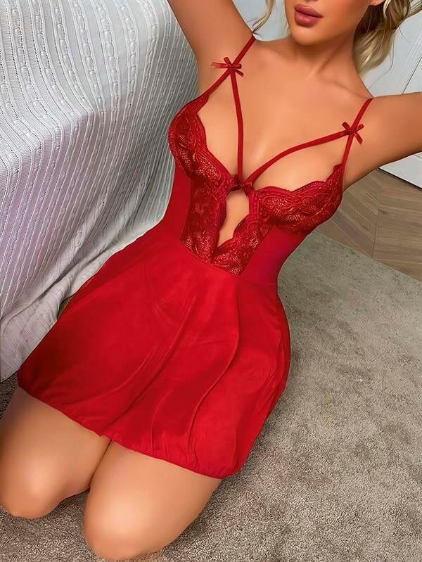Arias Closet Kırmızı Dantel İşlemeli Göğüs İp Detaylı Fantezi Tül Gecelik Takımı