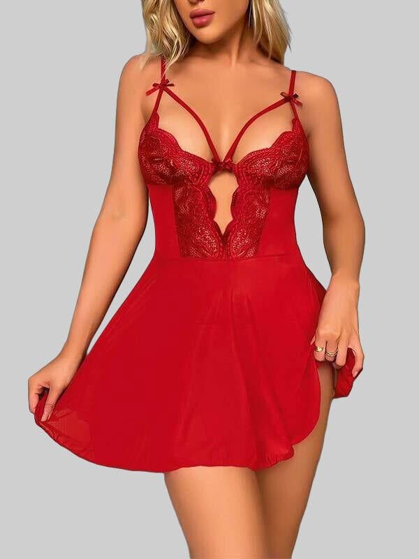 Arias Closet Kırmızı Dantel İşlemeli Göğüs İp Detaylı Fantezi Tül Gecelik Takımı