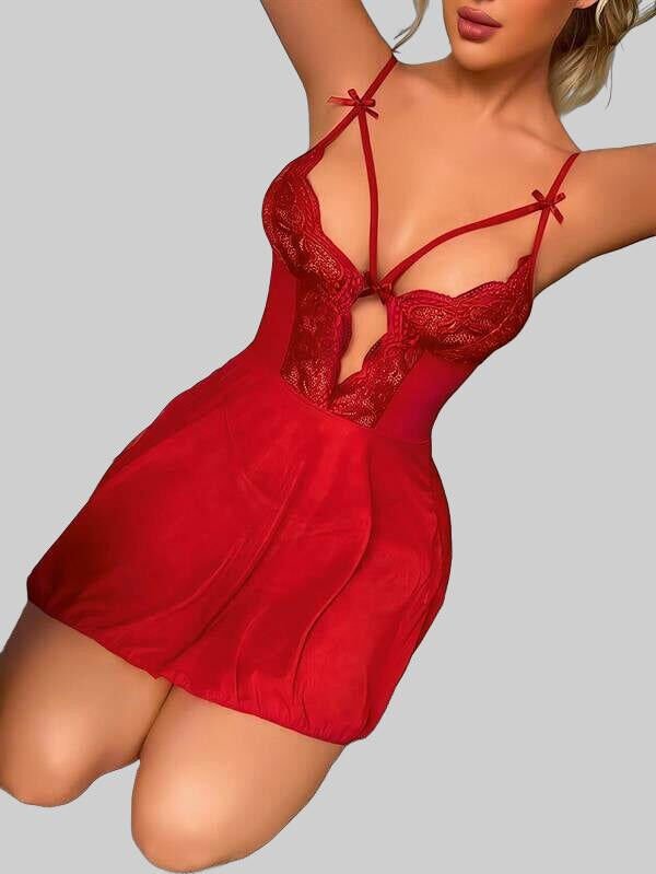 Arias Closet Kırmızı Dantel İşlemeli Göğüs İp Detaylı Fantezi Tül Gecelik Takımı