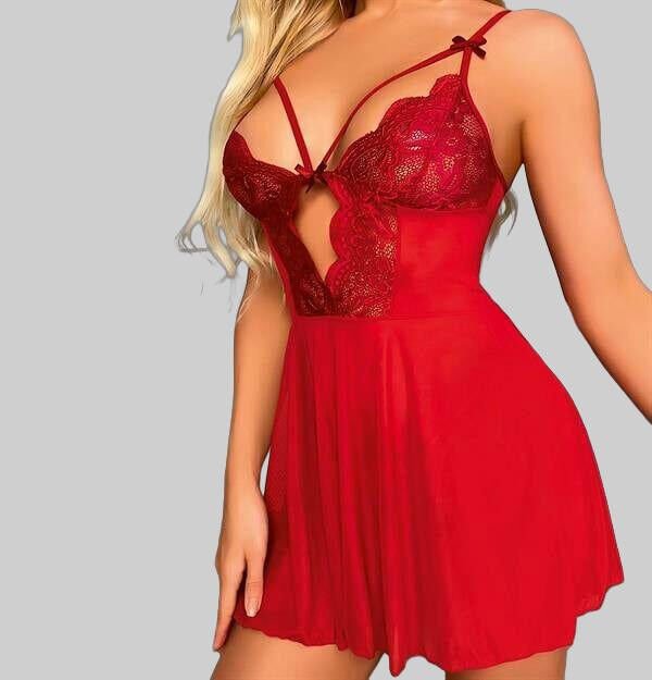 Arias Closet Kırmızı Dantel İşlemeli Göğüs İp Detaylı Fantezi Tül Gecelik Takımı