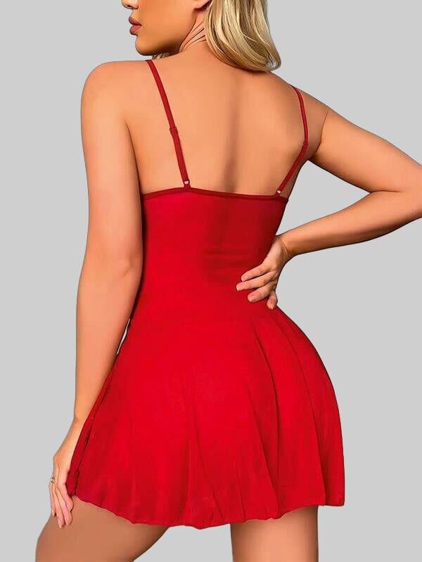 Arias Closet Kırmızı Dantel İşlemeli Göğüs İp Detaylı Fantezi Tül Gecelik Takımı