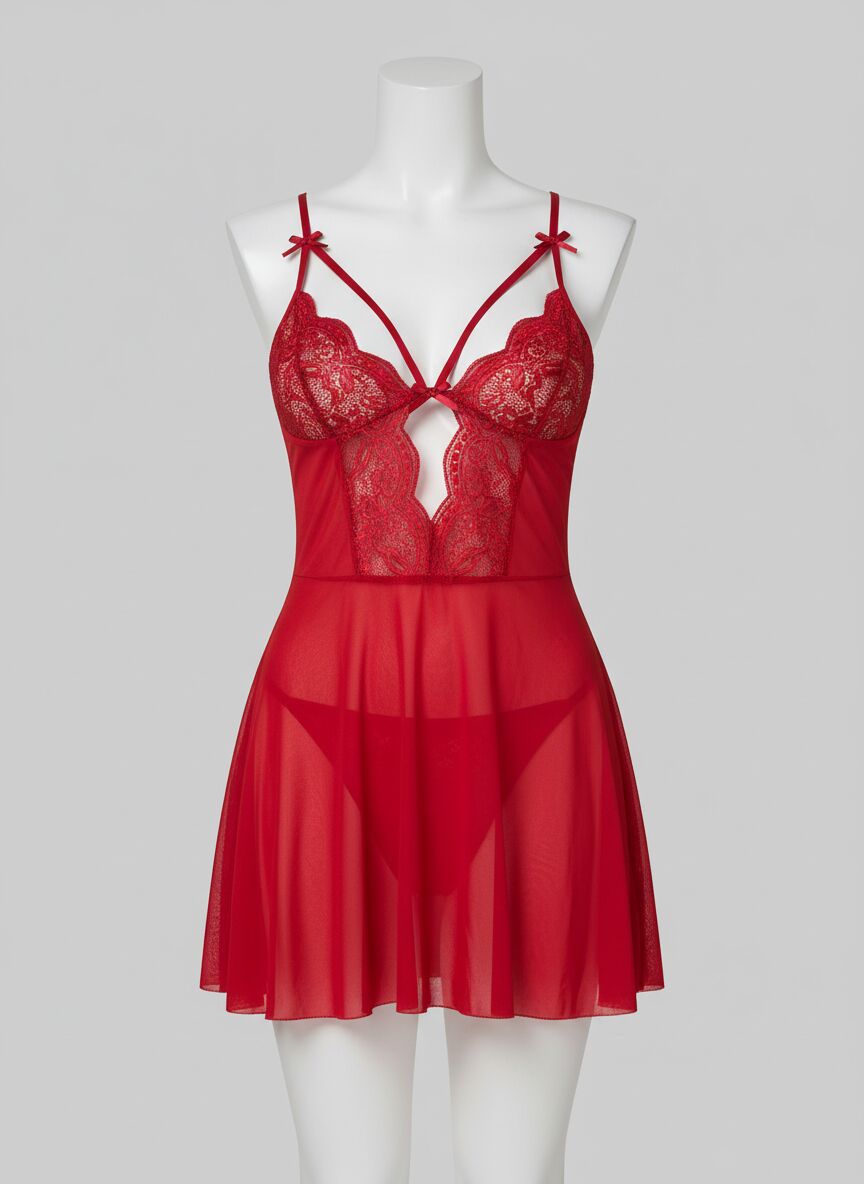 Arias Closet Kırmızı Dantel İşlemeli Göğüs İp Detaylı Fantezi Tül Gecelik Takımı