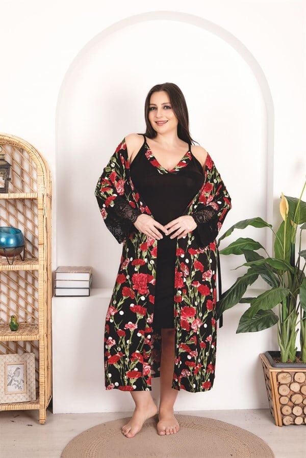 Arias Closet Büyük Beden Kırmızı Çiçek Desenli Dantel İşlemeli 2'li Viskon Siyah Gecelik Sabahlık Takımı