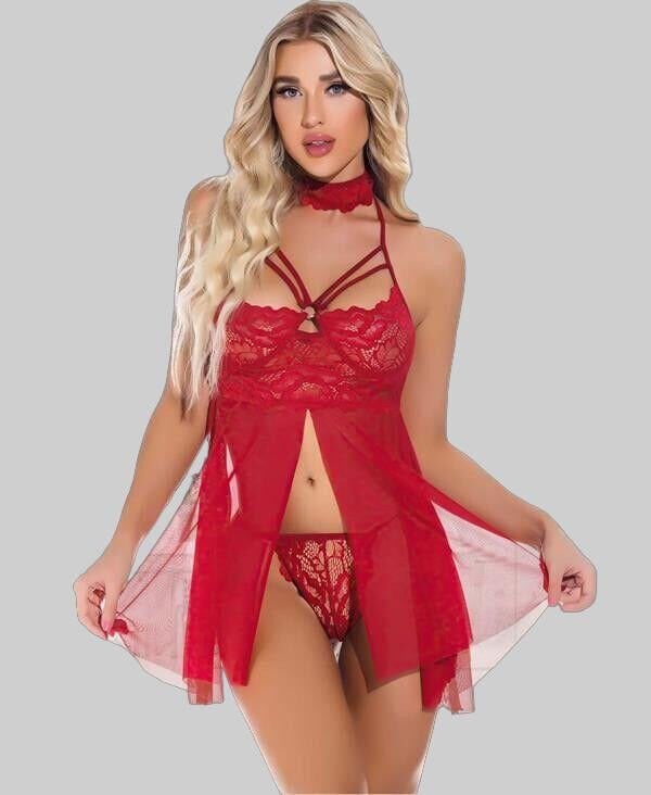 Arias Closet Kırmızı Dantel İşlemeli Fantezi Tül Gecelik Takımı