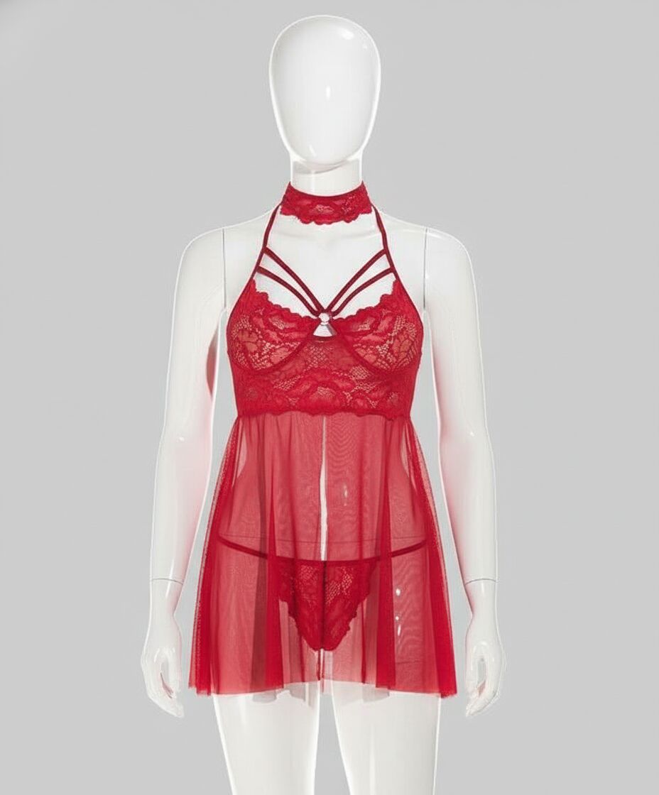 Arias Closet Kırmızı Dantel İşlemeli Fantezi Tül Gecelik Takımı