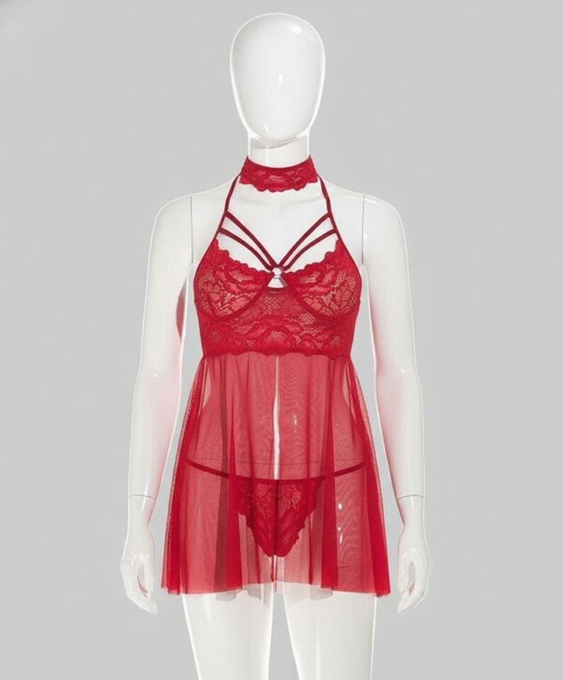 Arias Closet Kırmızı Dantel İşlemeli Fantezi Tül Gecelik Takımı