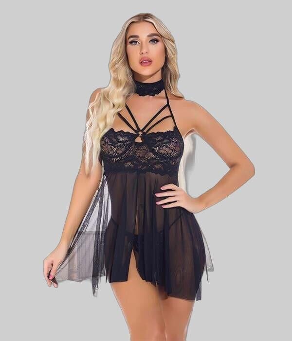 Arias Closet Siyah Dantel İşlemeli Fantezi Tül Gecelik Takımı