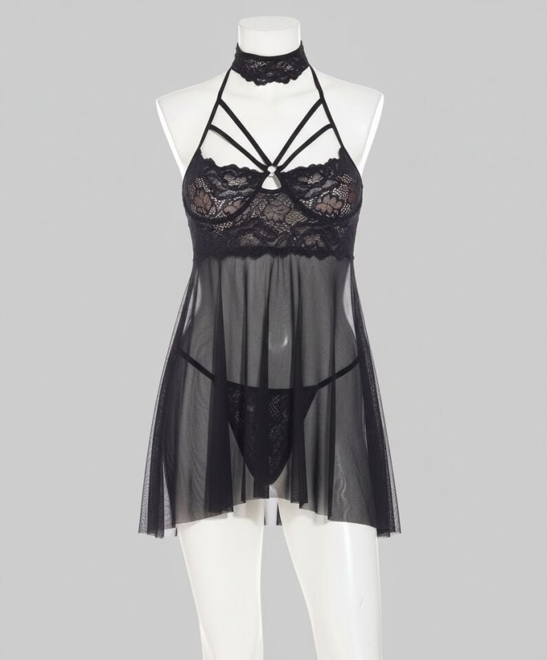 Arias Closet Siyah Dantel İşlemeli Fantezi Tül Gecelik Takımı