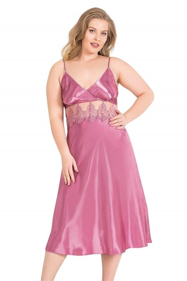 Arias Closet Büyük Beden Gül Kurusu Uzun İkili Saten Sabahlık Gecelik Takımı