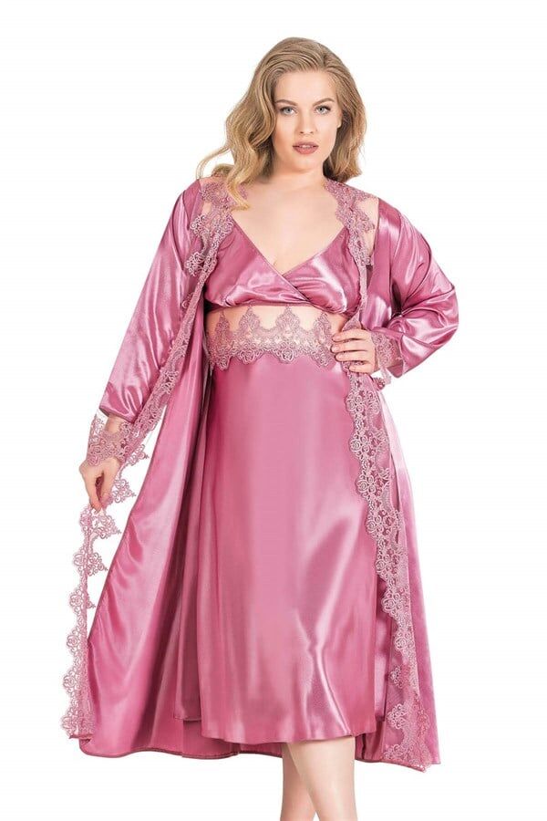 Arias Closet Büyük Beden Gül Kurusu Uzun İkili Saten Sabahlık Gecelik Takımı