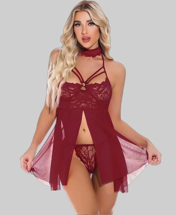 Arias Closet Bordo Dantel İşlemeli Fantezi Tül Gecelik Takımı