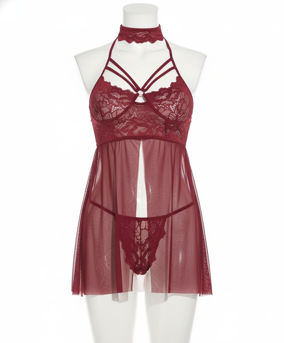 Arias Closet Bordo Dantel İşlemeli Fantezi Tül Gecelik Takımı