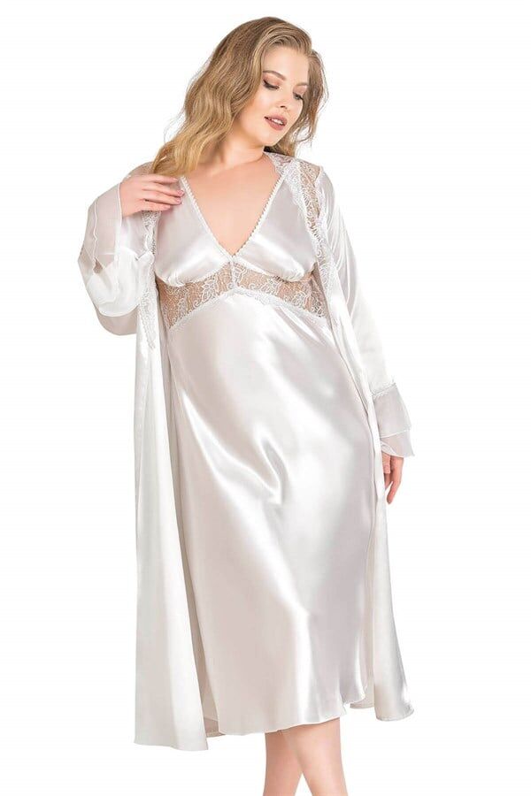 Arias Closet Büyük Beden Ekru Uzun İkili Saten Sabahlık Gecelik Takımı