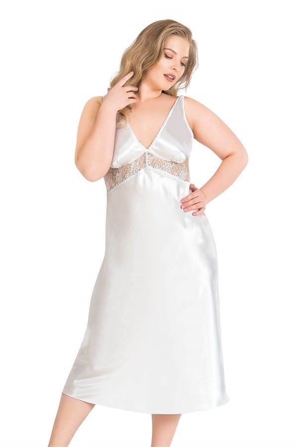 Arias Closet Büyük Beden Ekru Uzun İkili Saten Sabahlık Gecelik Takımı