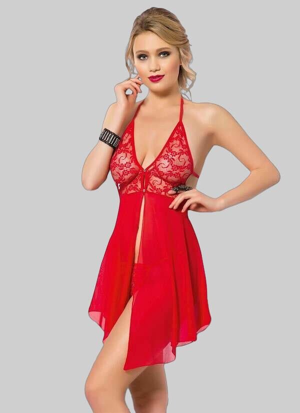 Arias Closet Kırmızı Dantel İşlemeli Boyundan Bağlamalı Fantezi Tül Gecelik