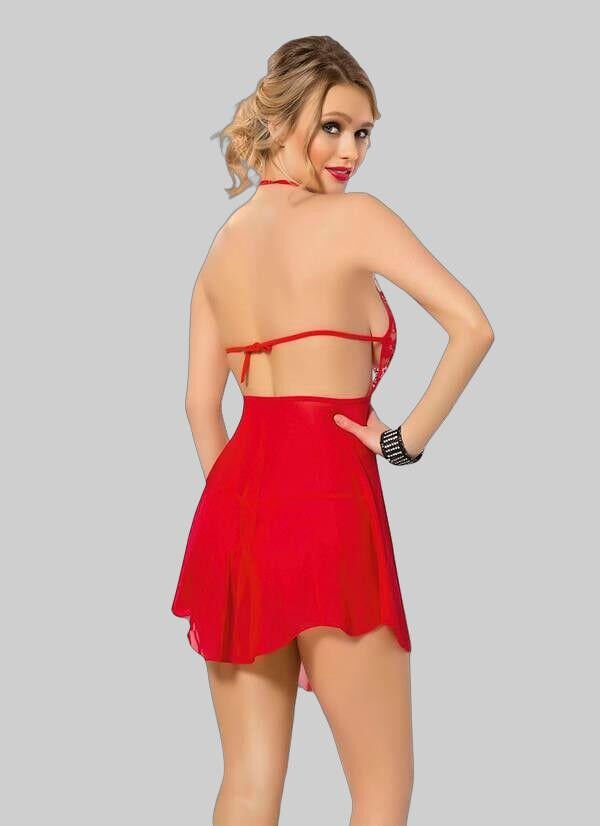 Arias Closet Kırmızı Dantel İşlemeli Boyundan Bağlamalı Fantezi Tül Gecelik