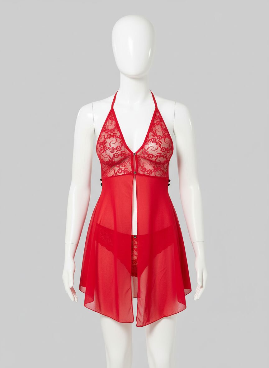 Arias Closet Kırmızı Dantel İşlemeli Boyundan Bağlamalı Fantezi Tül Gecelik