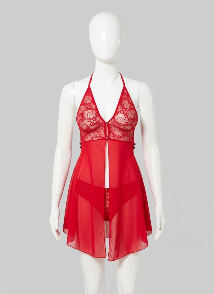 Arias Closet Kırmızı Dantel İşlemeli Boyundan Bağlamalı Fantezi Tül Gecelik