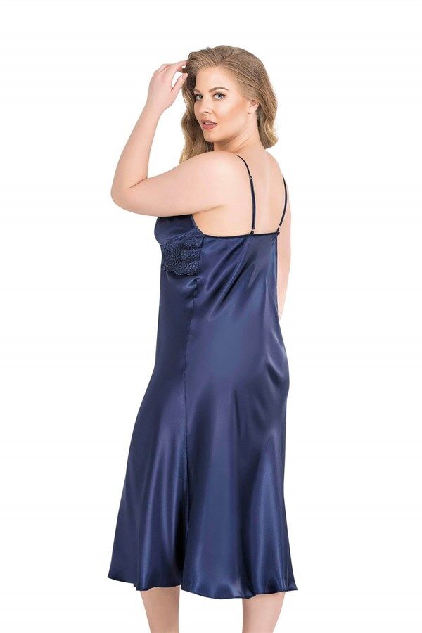 Arias Closet Büyük Beden Lacivert Uzun İkili Saten Sabahlık Gecelik Takımı