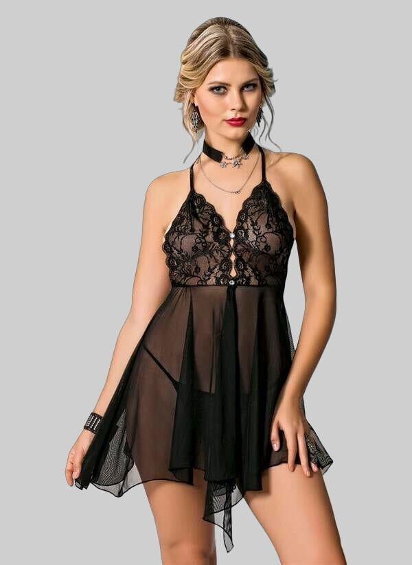 Siyah Dantel İşlemeli Boyundan Bağlamalı Fantezi Tül Gecelik Takımı