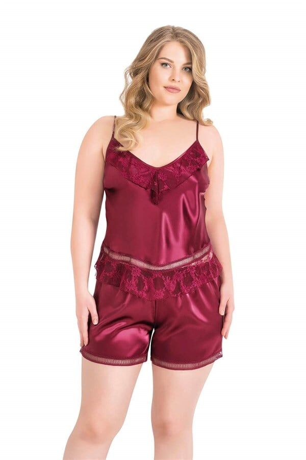 Arias Closet Büyük Beden Bordo Saten Babydoll Şort Takımı