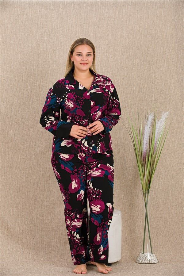 Arias Closet Büyük Beden Renkli Desenli Düğmeli Uzun Kol Viskon Pijama Takımı