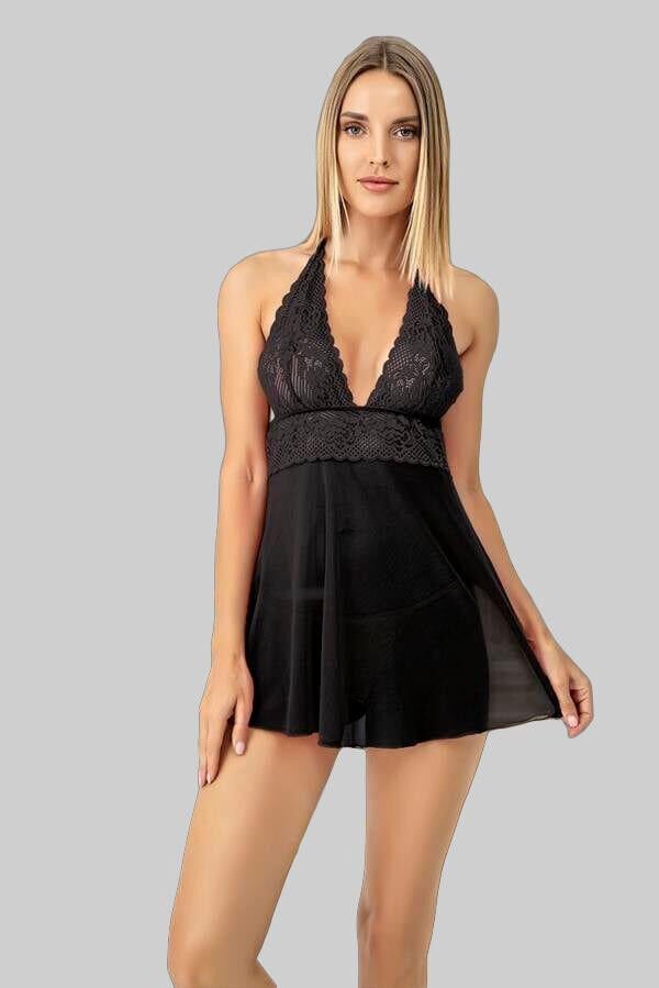 Siyah Dantel İşlemeli Boyundan Bağlamalı Fantezi Tül Gecelik Takımı