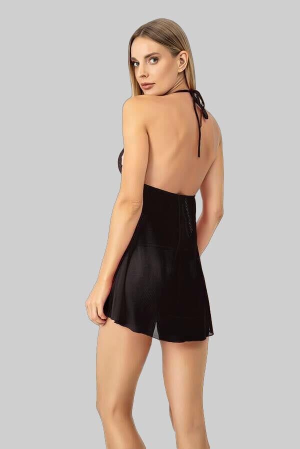 Siyah Dantel İşlemeli Boyundan Bağlamalı Fantezi Tül Gecelik Takımı