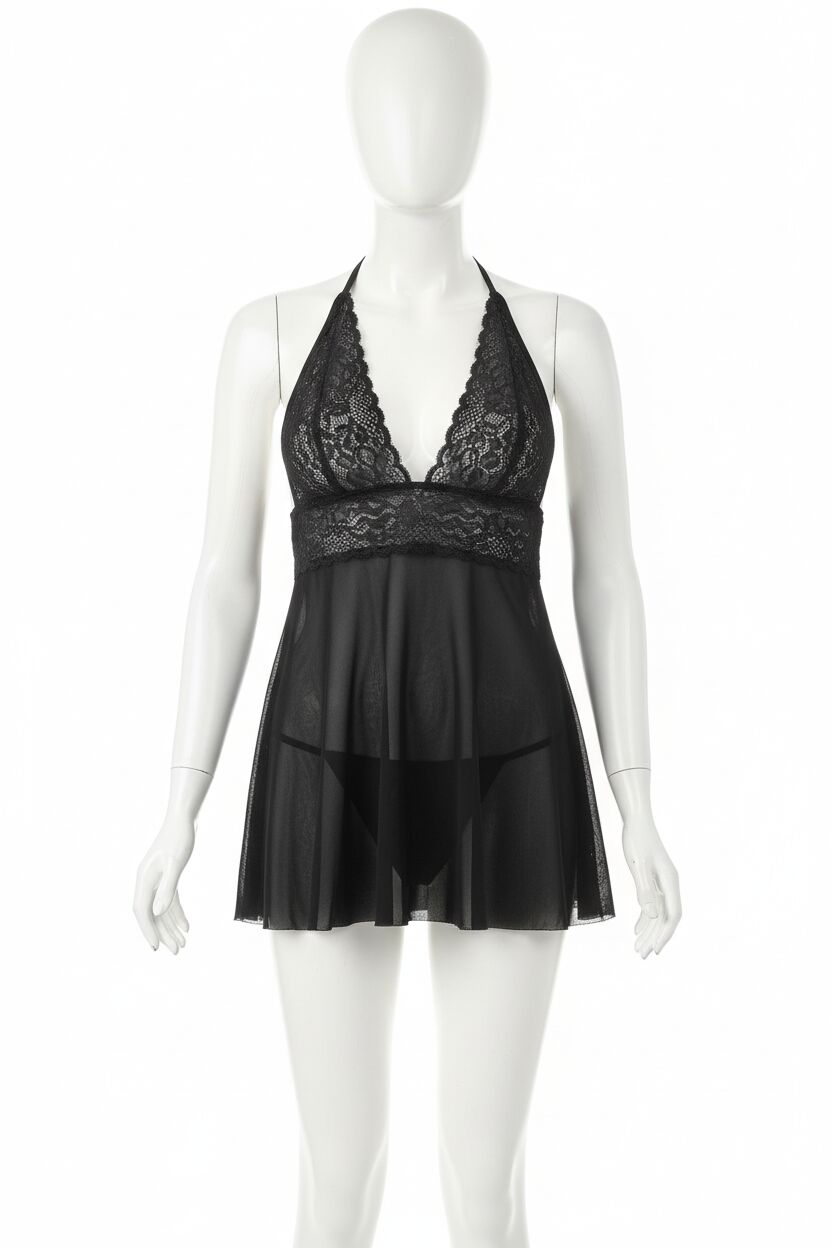 Siyah Dantel İşlemeli Boyundan Bağlamalı Fantezi Tül Gecelik Takımı