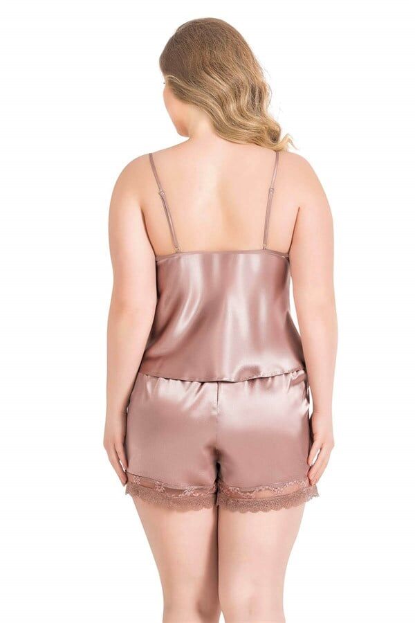 Arias Closet Büyük Beden Vizon Saten Babydoll Şort Takımı