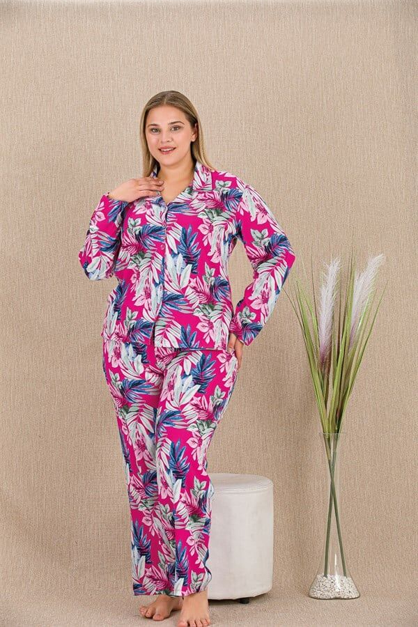 Arias Closet Büyük Beden Renkli Yaprak Desenli Düğmeli Uzun Kol Viskon Pijama Takımı