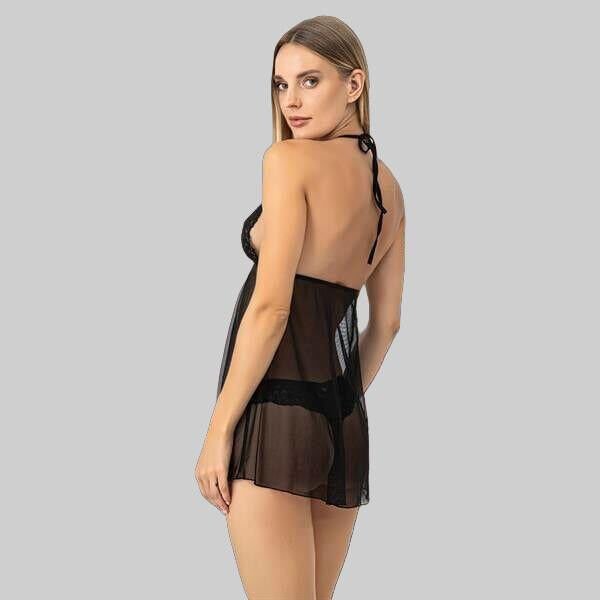 Siyah Dantel İşlemeli Boyundan Bağlamalı Fantezi Tül Gecelik Takımı