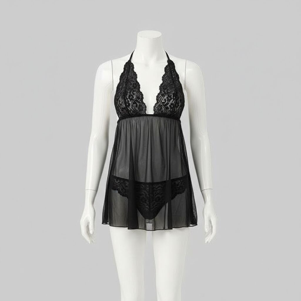 Siyah Dantel İşlemeli Boyundan Bağlamalı Fantezi Tül Gecelik Takımı